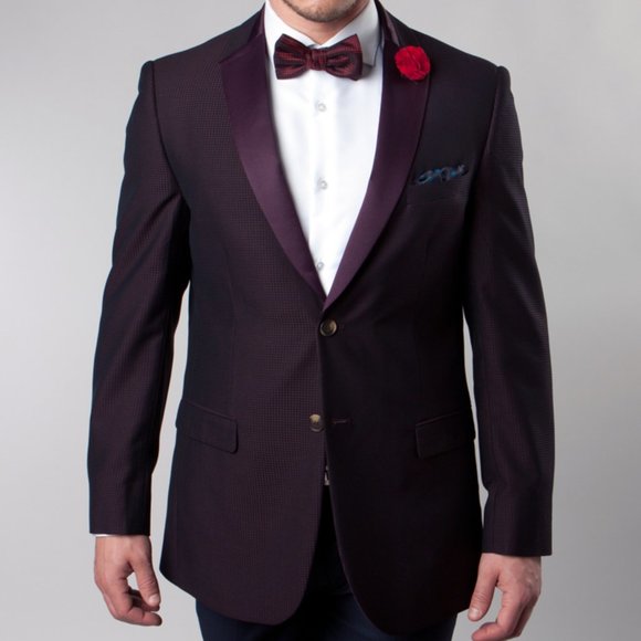 Birdseye Mens Suit Jacket w/ Satin Notch Lapel, Burgundy Wine